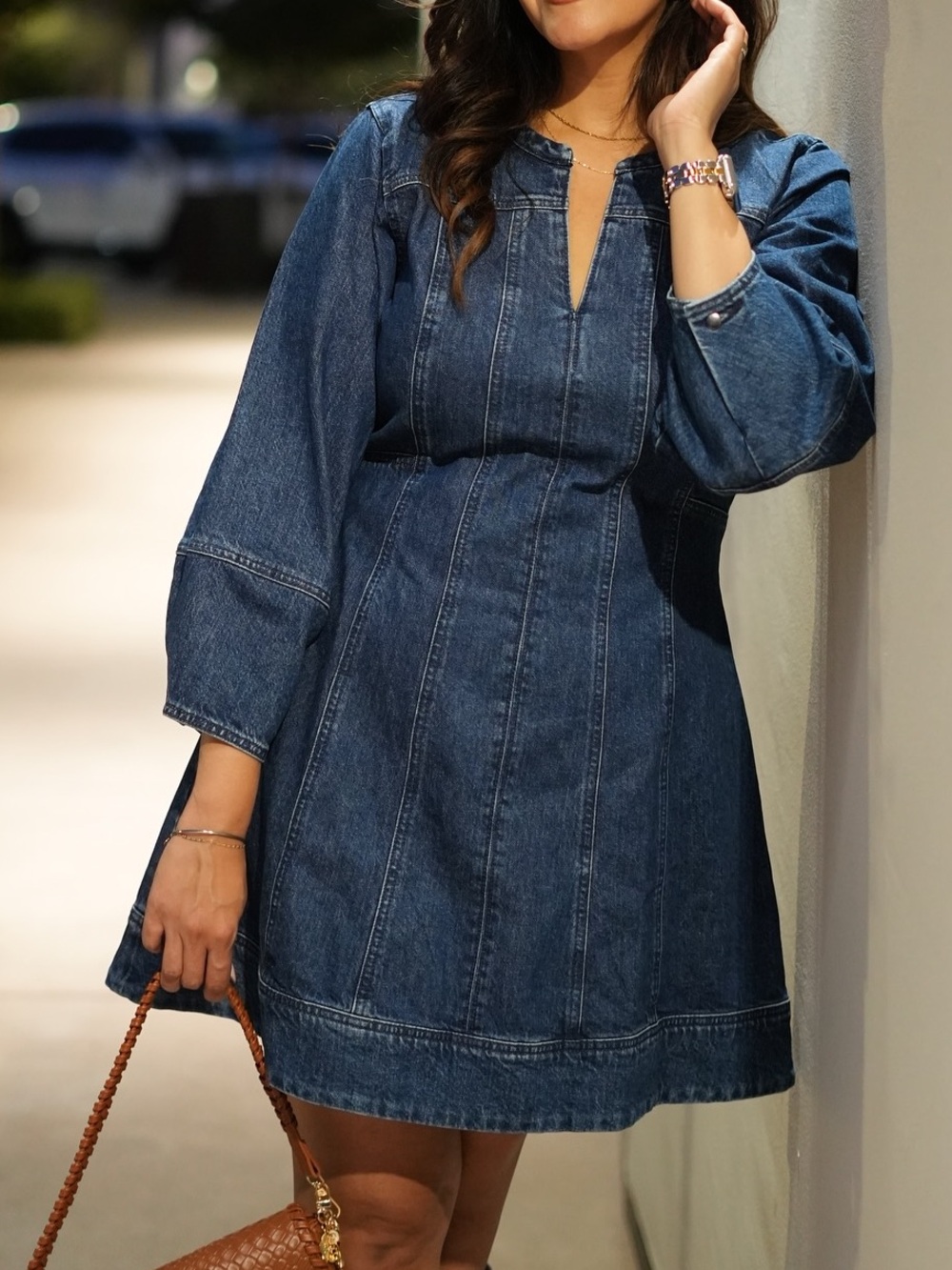 LOFT Denim Balloon Sleeve V Neck Mini Dress Fall Size 12
